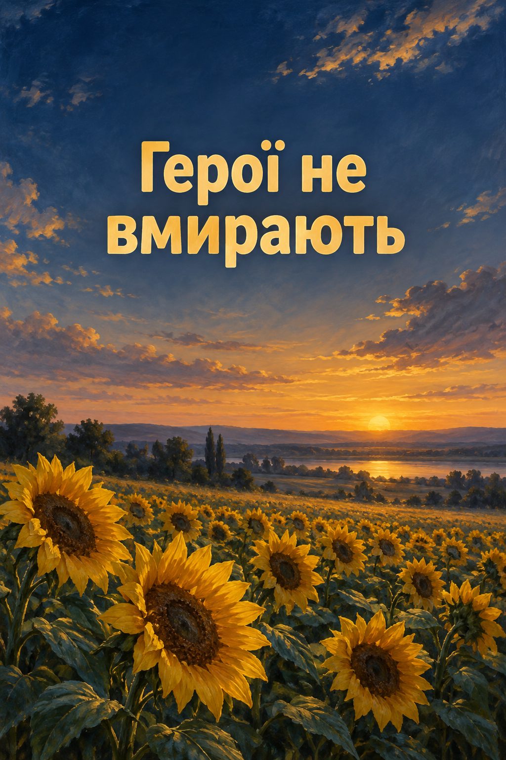 Листівка вічна пам'ять: соняшникове поле в сутінках, напис «Герої не вмирають»