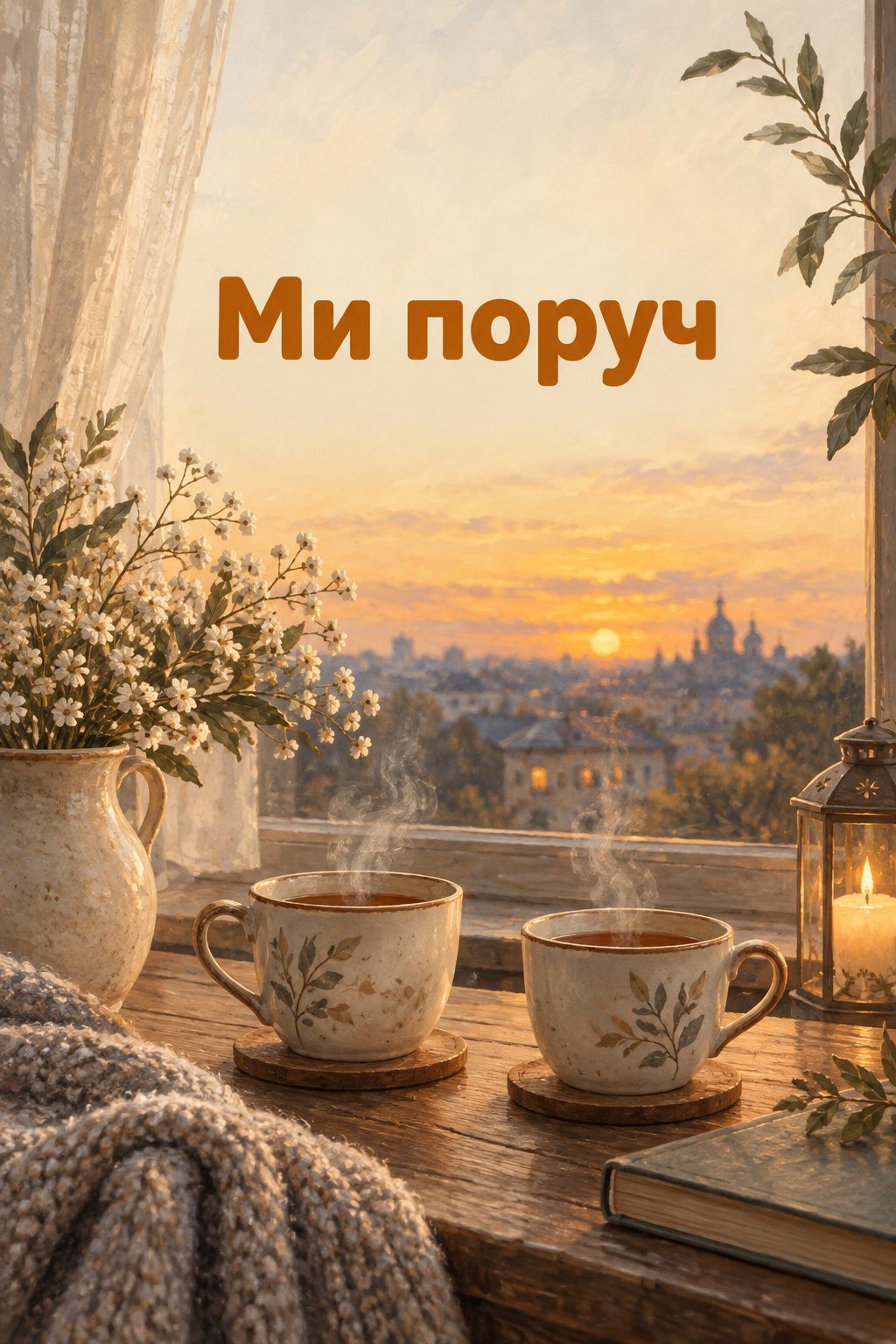 Листівка вічна пам'ять: дві чашки чаю біля вікна у вечірньому світлі, напис «Ми поруч»