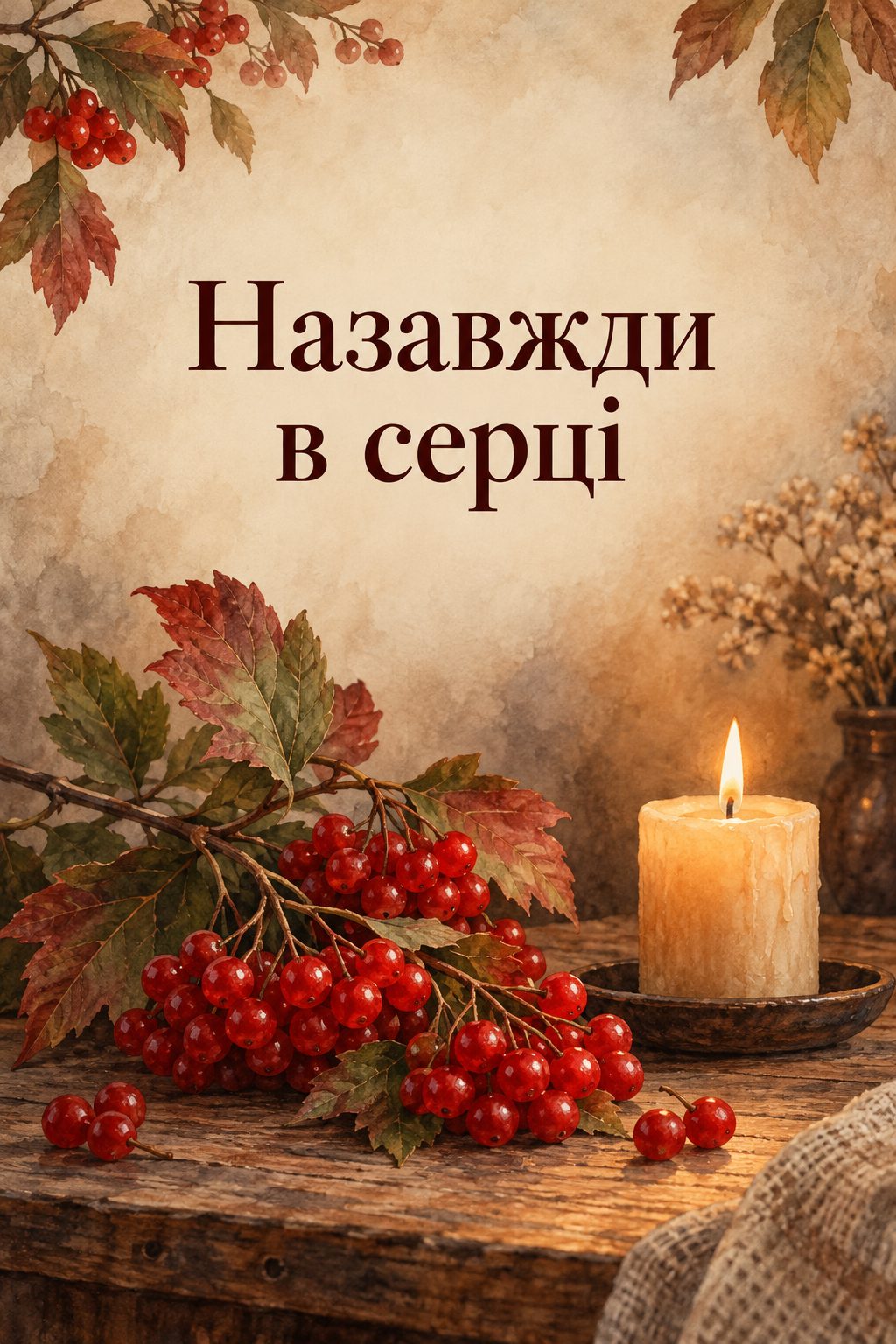 Листівка вічна пам'ять: гілка калини й свічка на дерев'яному столі, напис «Назавжди в серці»