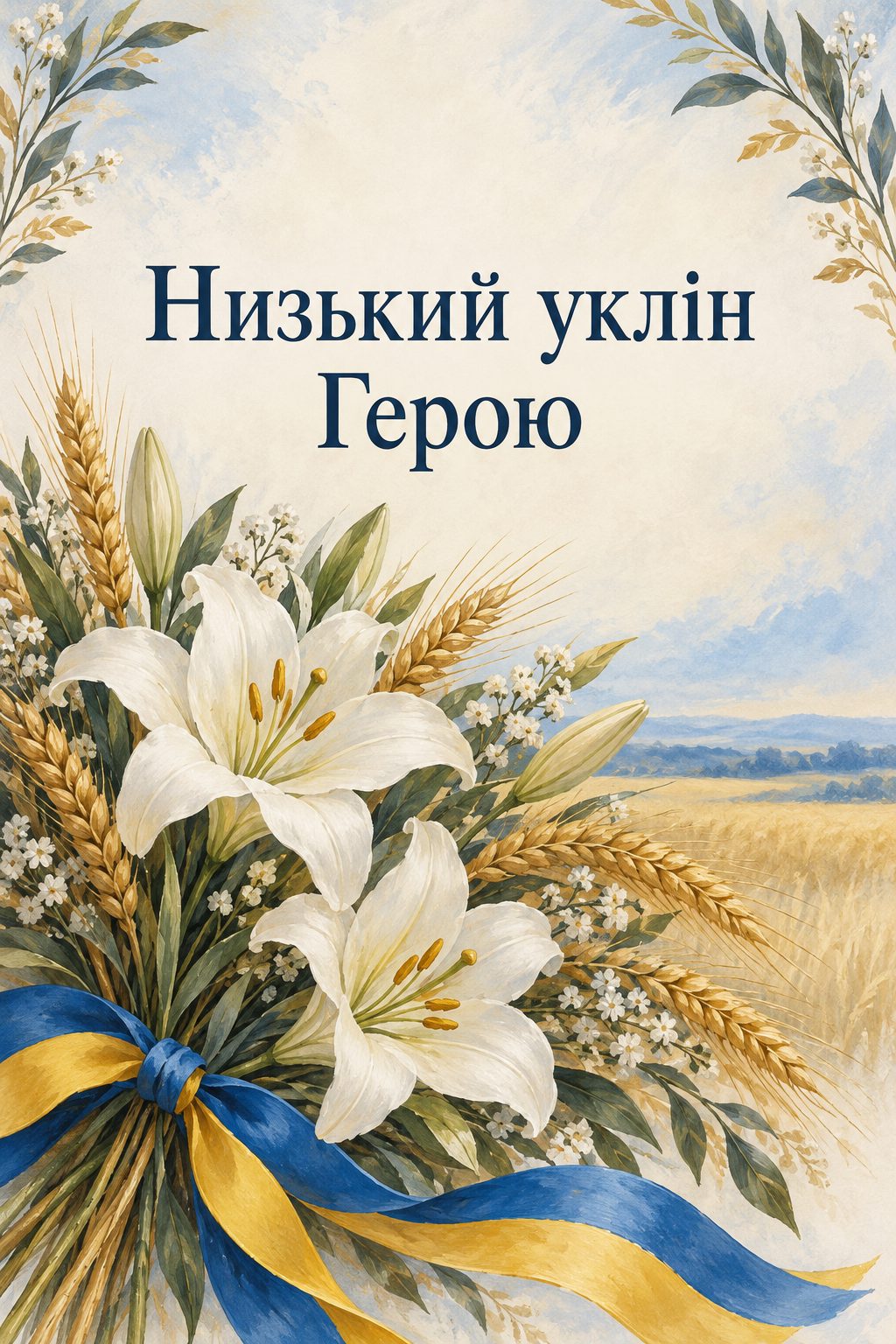 Листівка вічна пам'ять: білі лілії й колоски із синьо-жовтою стрічкою, напис «Низький уклін Герою»
