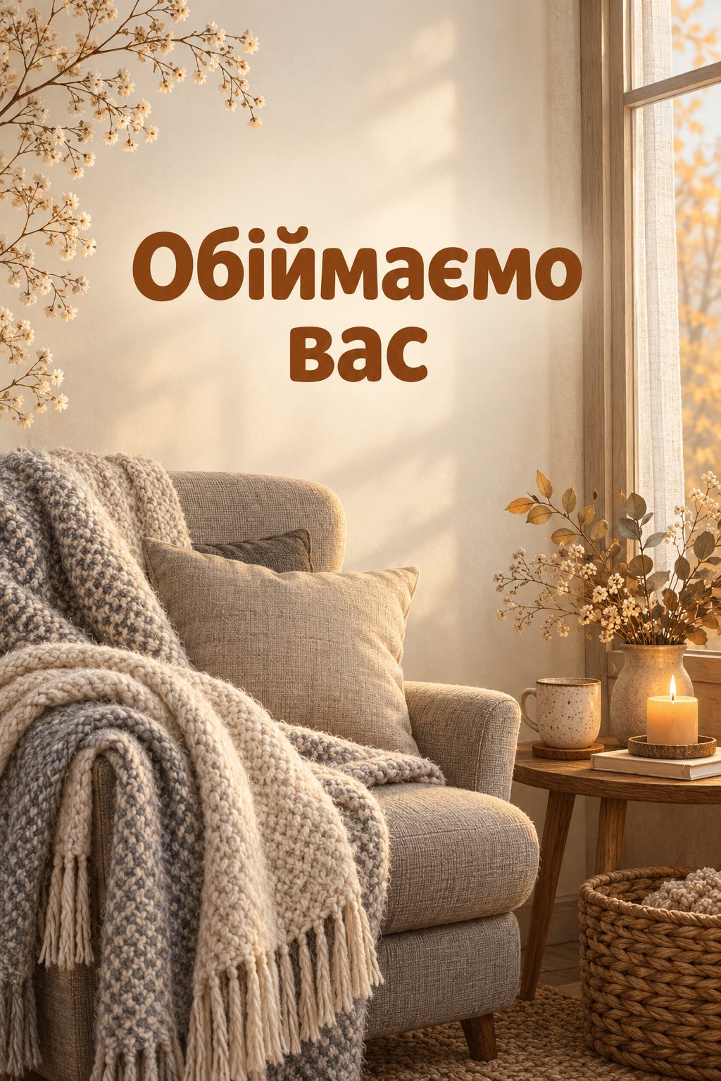 Листівка вічна пам'ять: в'язана хустка на кріслі біля вікна зі свічкою, напис «Обіймаємо вас»