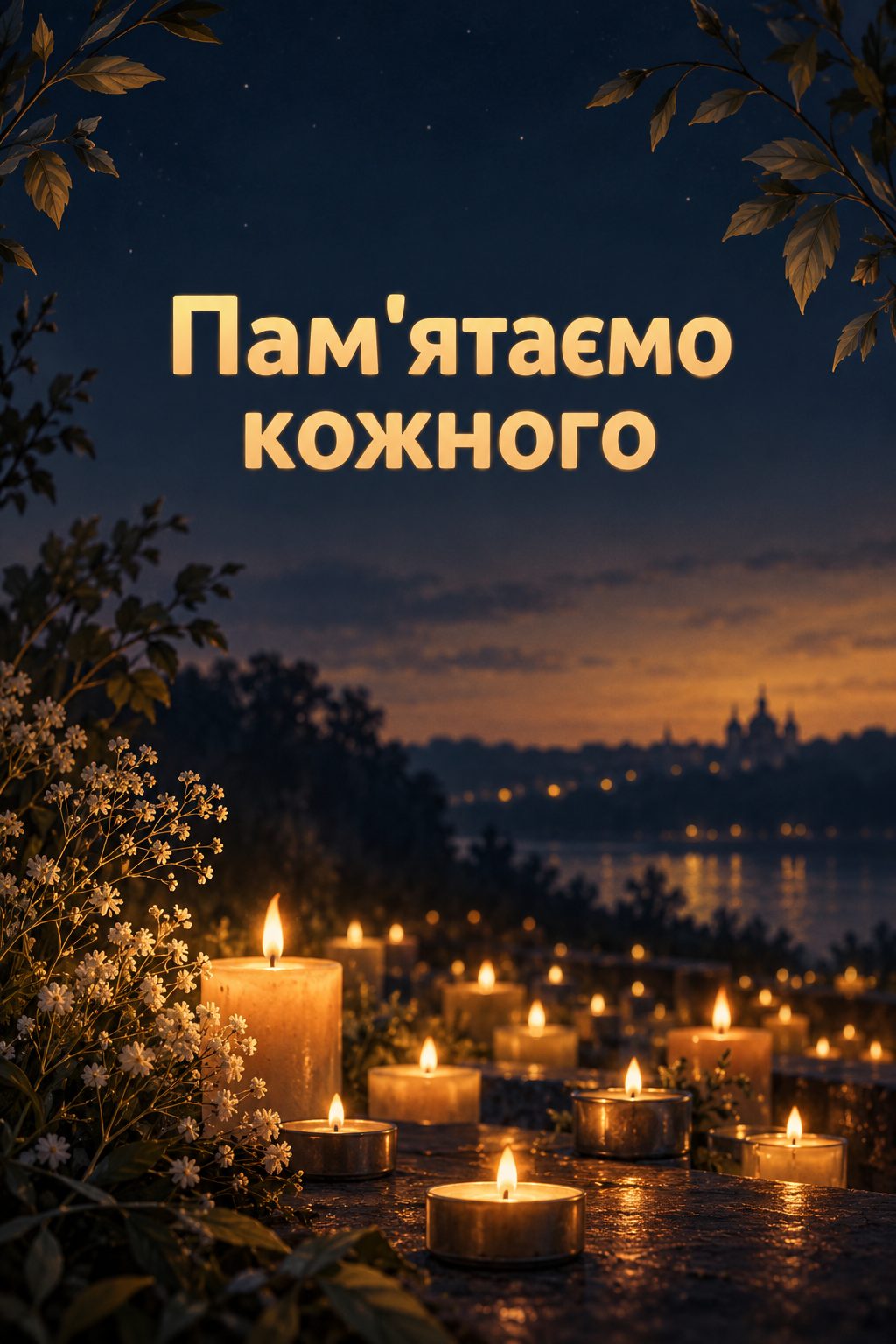 Листівка вічна пам'ять: багато маленьких свічок у темряві, напис «Пам'ятаємо кожного»