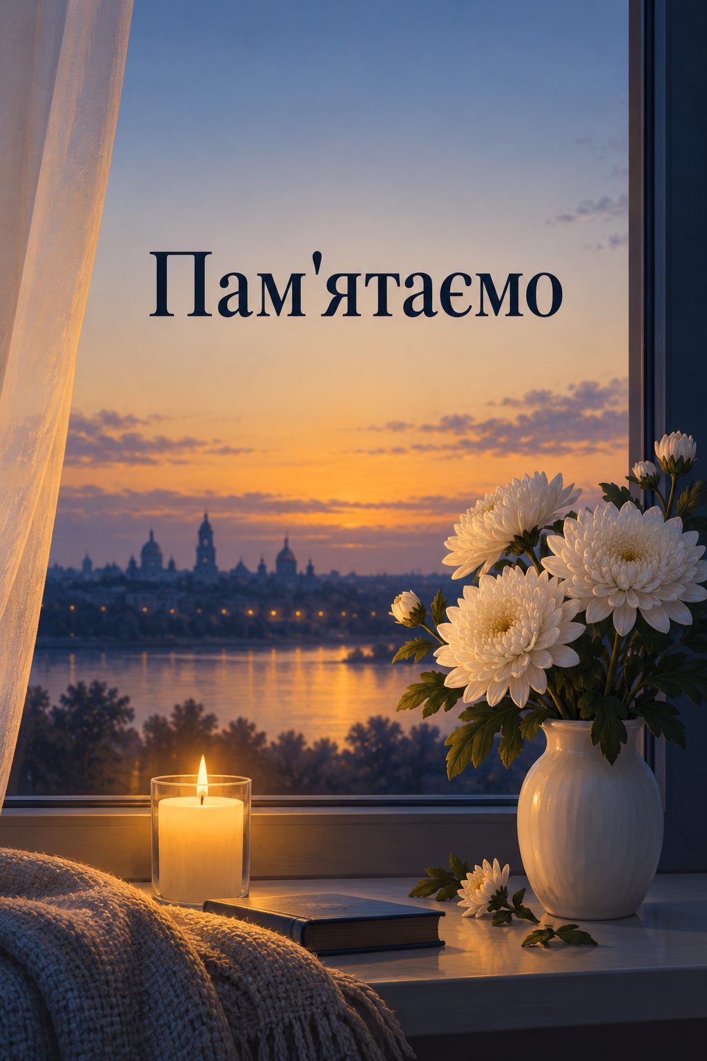Листівка вічна пам'ять: свічка у вікні й білі хризантеми, напис «Пам'ятаємо»