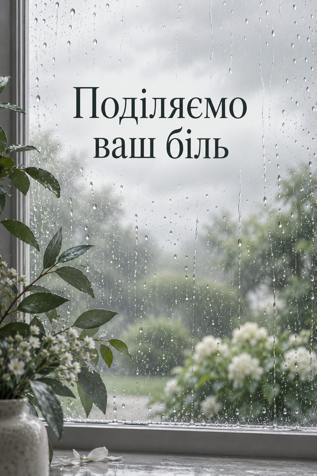 Листівка вічна пам'ять: краплі дощу на вікні, напис «Поділяємо ваш біль»