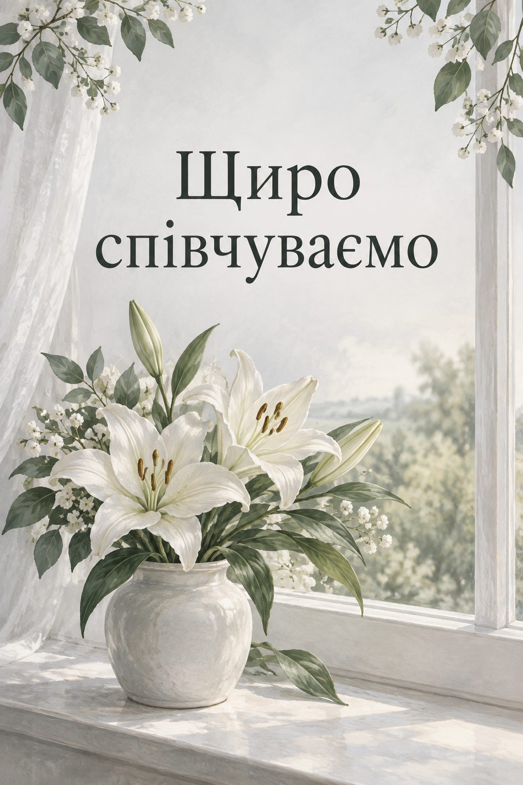 Листівка вічна пам'ять: білі лілії у простій вазі на підвіконні, напис «Щиро співчуваємо»