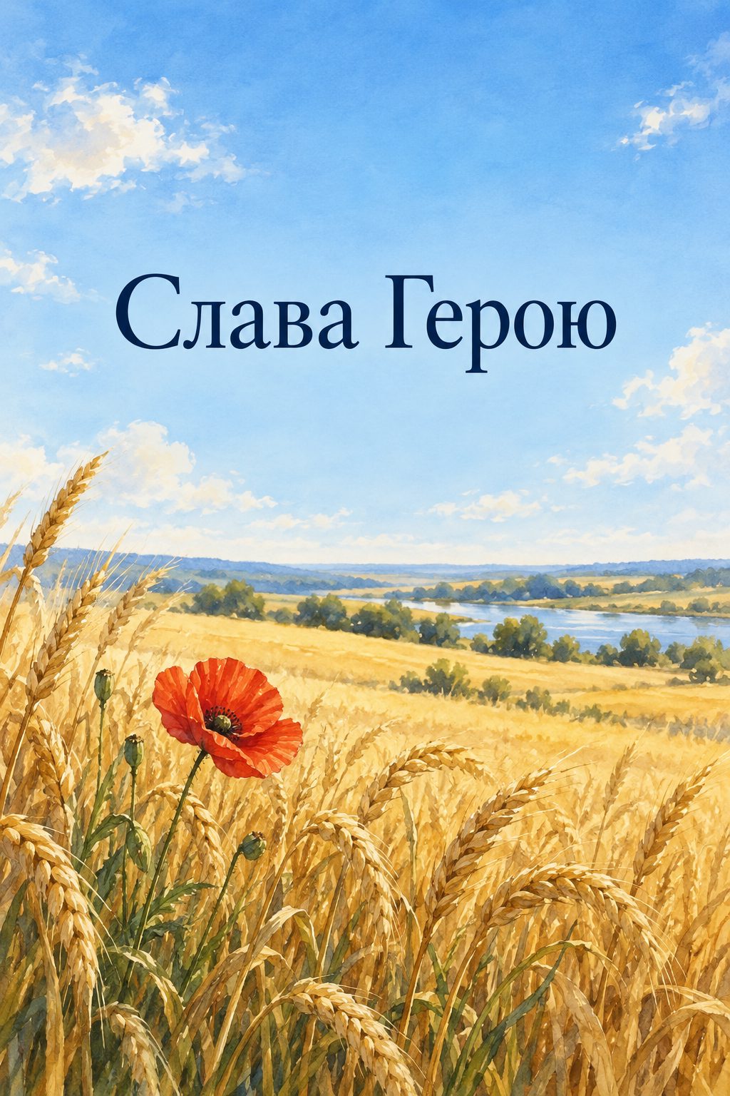 Листівка вічна пам'ять: пшеничне поле під синім небом і червоний мак, напис «Слава Герою»