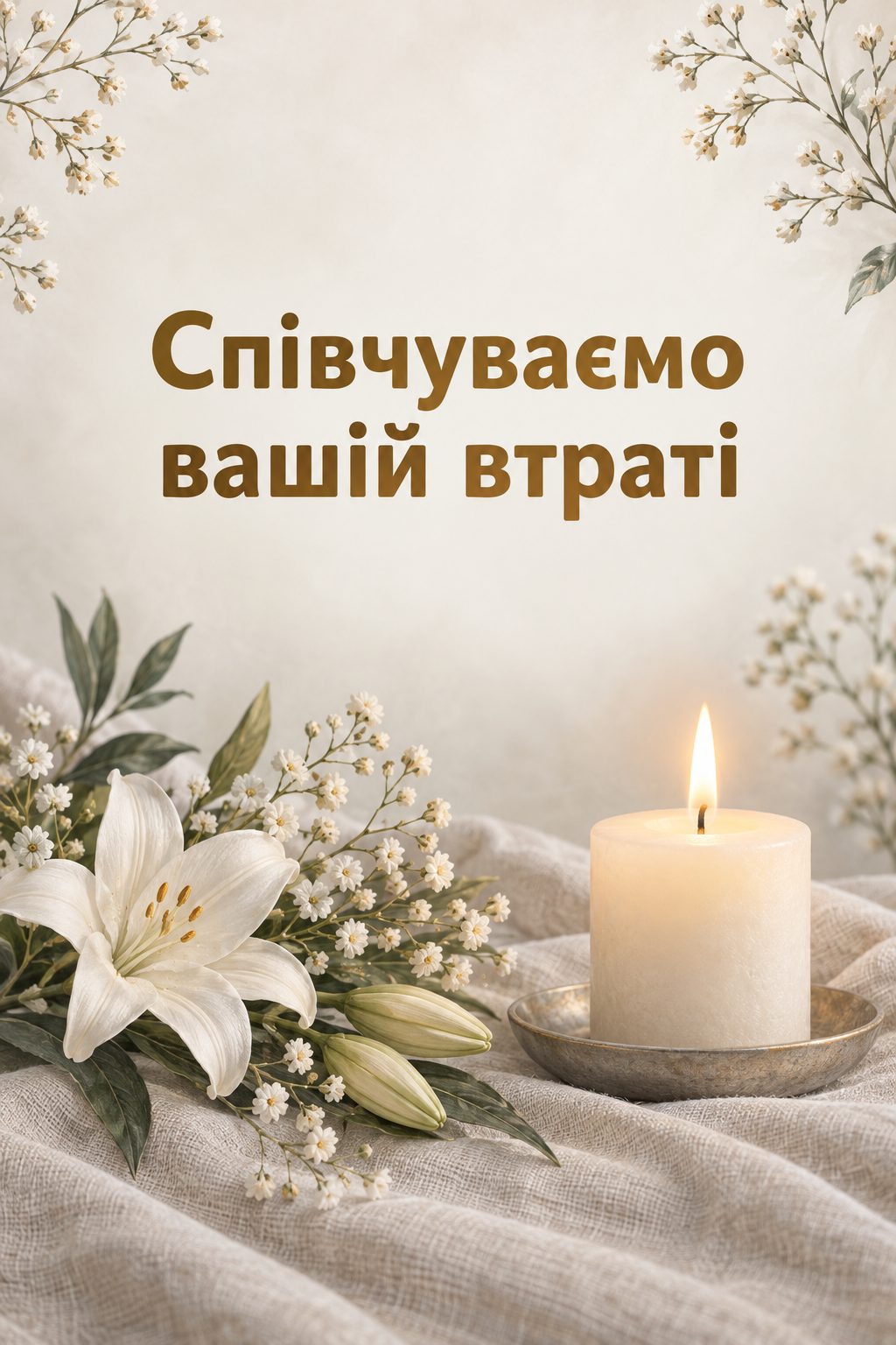 Листівка вічна пам'ять: свічка й гілочка білих квітів на лляній тканині, напис «Співчуваємо вашій втраті»