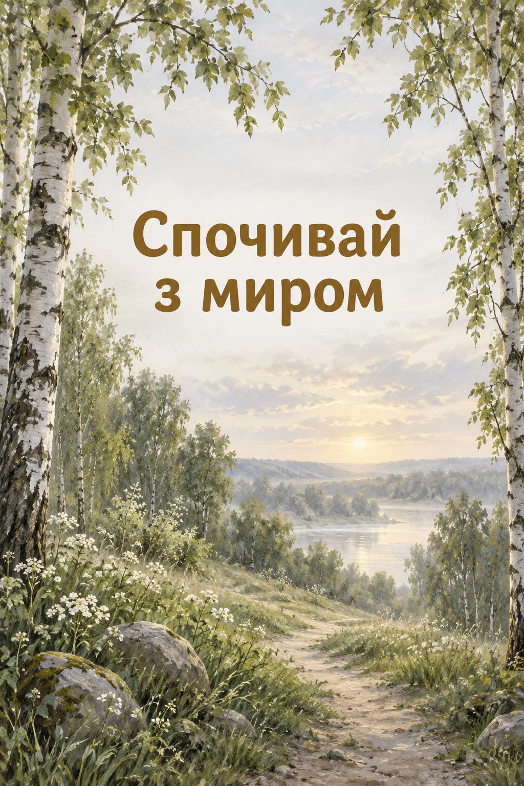 Листівка вічна пам'ять: тиха стежка в березовому гаю, напис «Спочивай з миром»