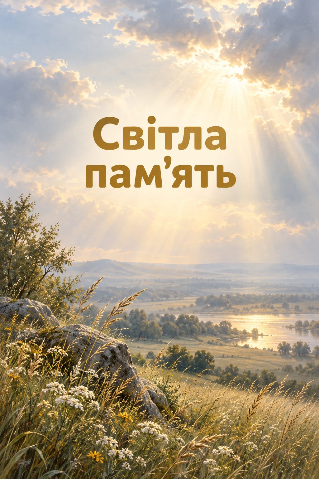 Листівка вічна пам'ять: промені світла крізь хмари над тихим полем, напис «Світла пам'ять»