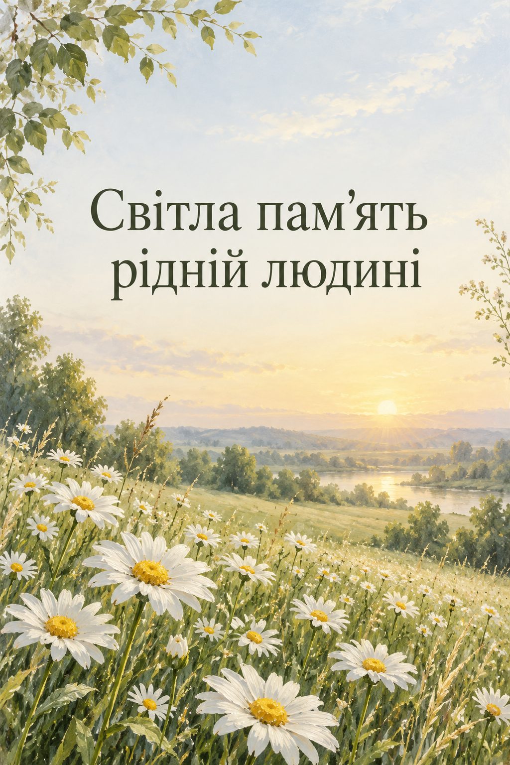 Листівка вічна пам'ять: поле білих ромашок у ранковому світлі, напис «Світла пам'ять рідній людині»