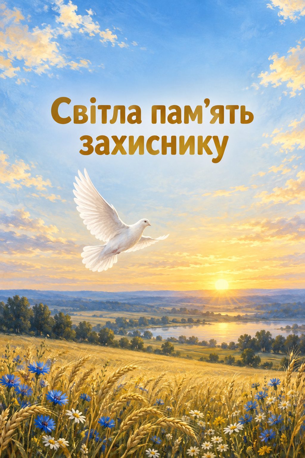Листівка вічна пам'ять: білий голуб над полем на світанку, напис «Світла пам'ять захиснику»
