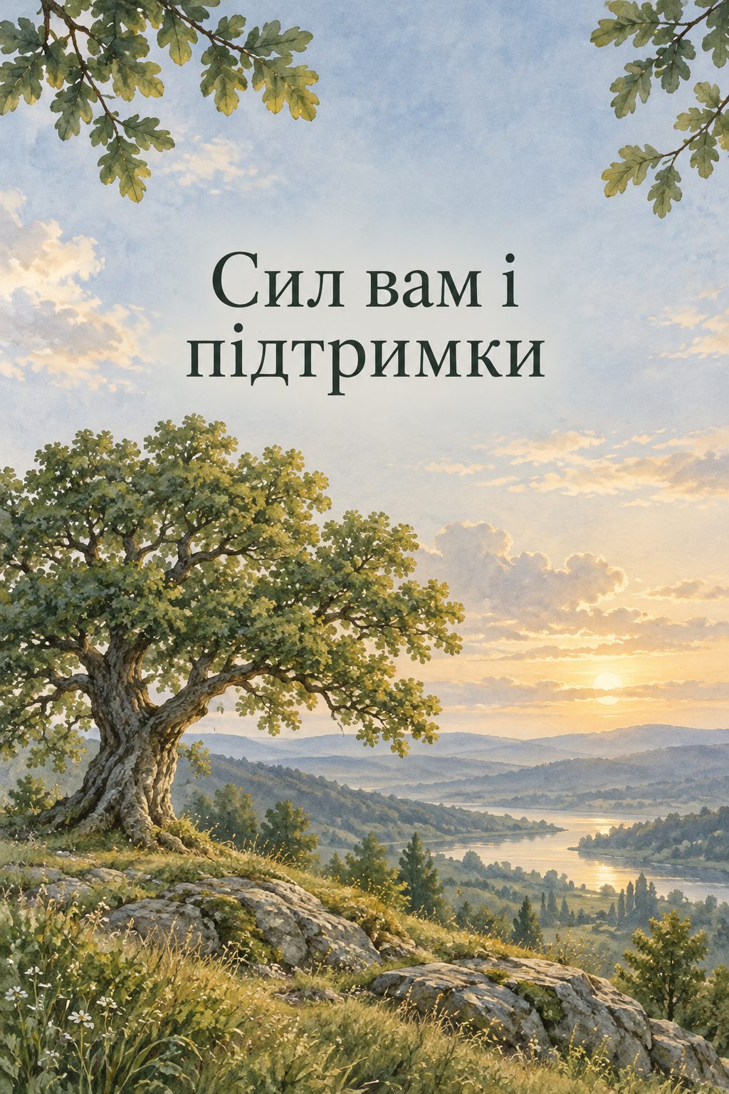Листівка вічна пам'ять: старе міцне дерево на пагорбі, напис «Сил вам і підтримки»