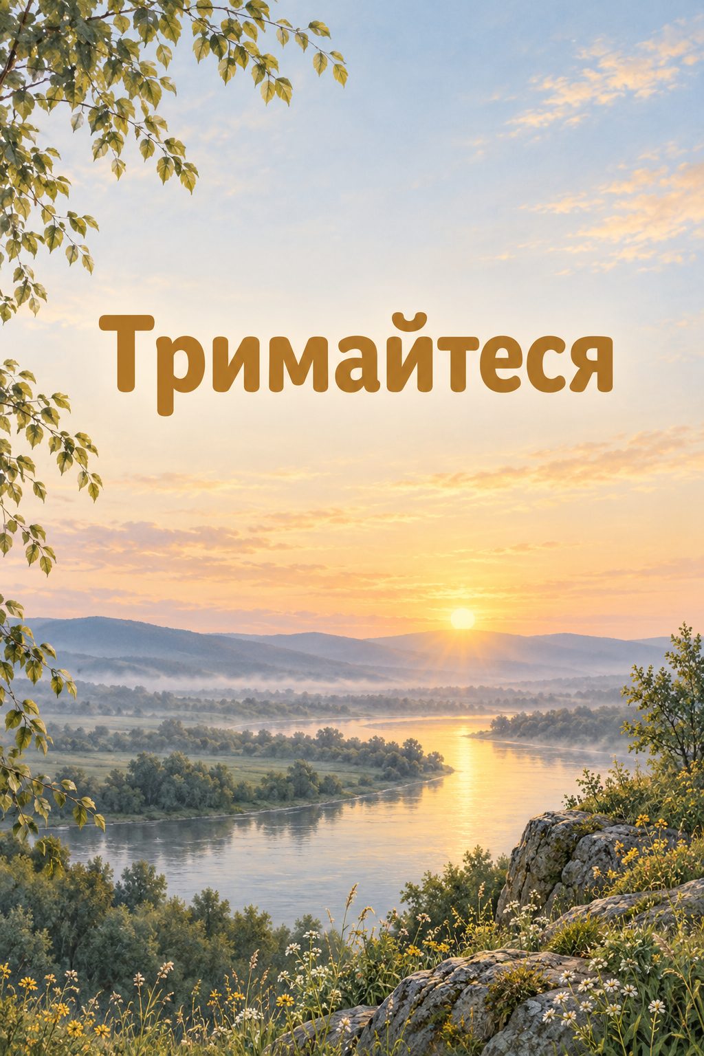 Листівка вічна пам'ять: світанок над тихою річковою долиною, напис «Тримайтеся»