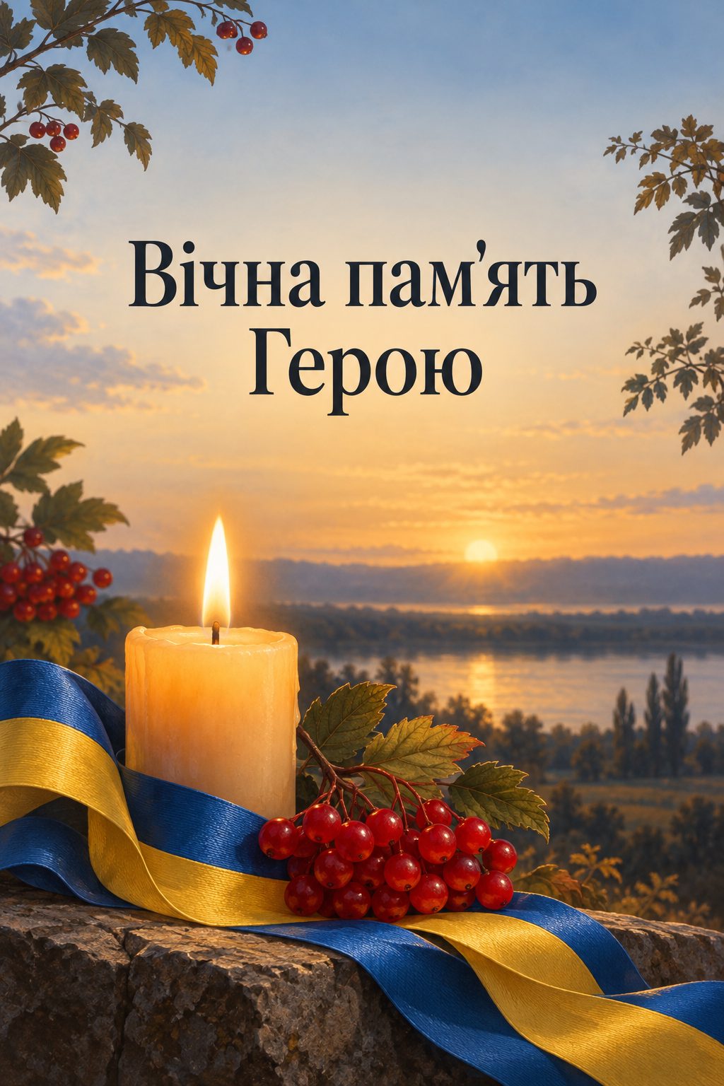 Листівка вічна пам'ять: свічка із синьо-жовтою стрічкою й калина, напис «Вічна пам'ять Герою»