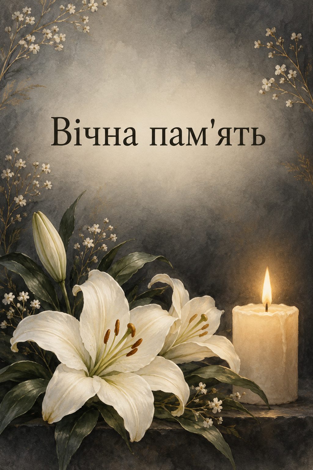 Листівка вічна пам'ять: запалена свічка й білі лілії, напис «Вічна пам'ять»