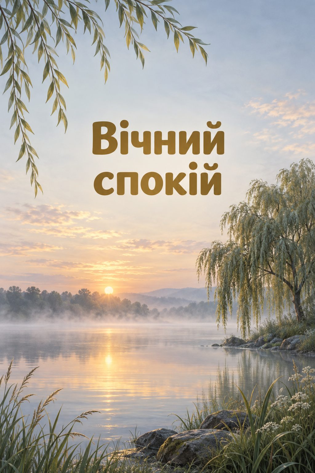 Листівка вічна пам'ять: тихе озеро на світанку в тумані, напис «Вічний спокій»