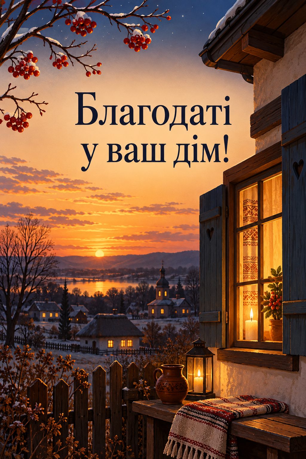 Листівка з Введенням у храм Пресвятої Богородиці: вікно сільської хати в сутінках зі свічкою, напис «Благодаті у ваш дім!»