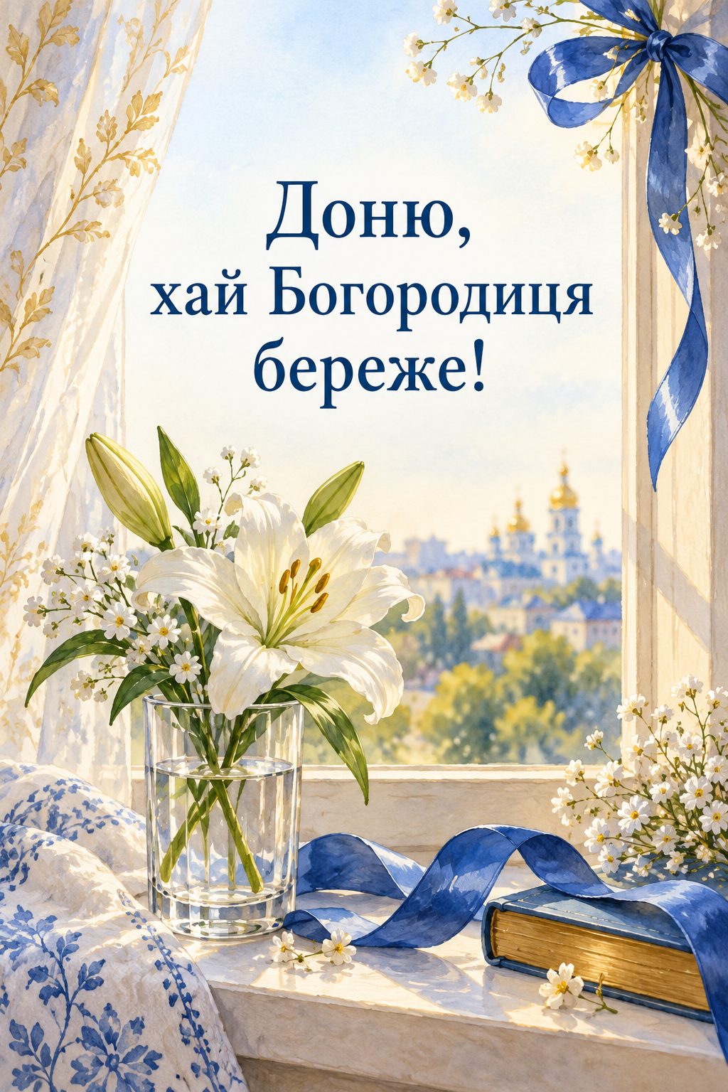 Листівка з Введенням у храм Пресвятої Богородиці: біла лілія у склянці й синя стрічка на підвіконні, напис «Доню, хай Богородиця береже!»