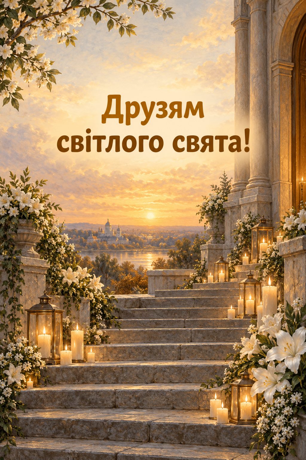 Листівка з Введенням у храм Пресвятої Богородиці: кам'яні сходи храму зі свічками й білими квітами, напис «Друзям світлого свята!»