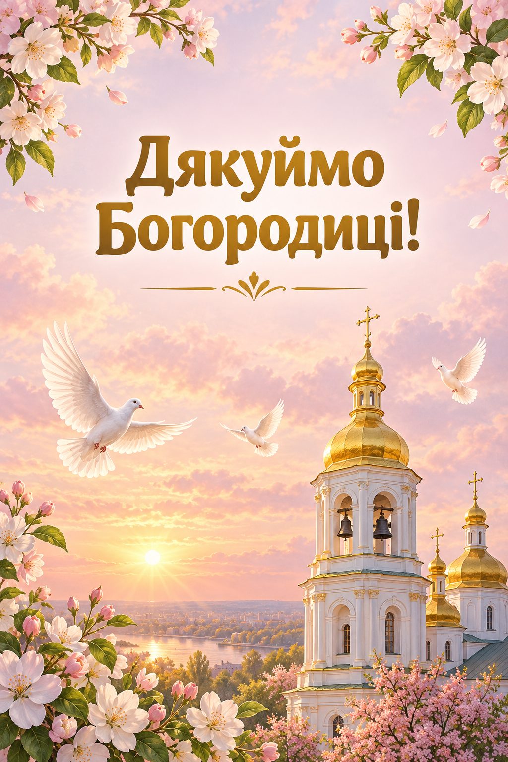 Листівка з Введенням у храм Пресвятої Богородиці: дзвіниця на тлі ранкового неба й голуби, напис «Дякуймо Богородиці!»