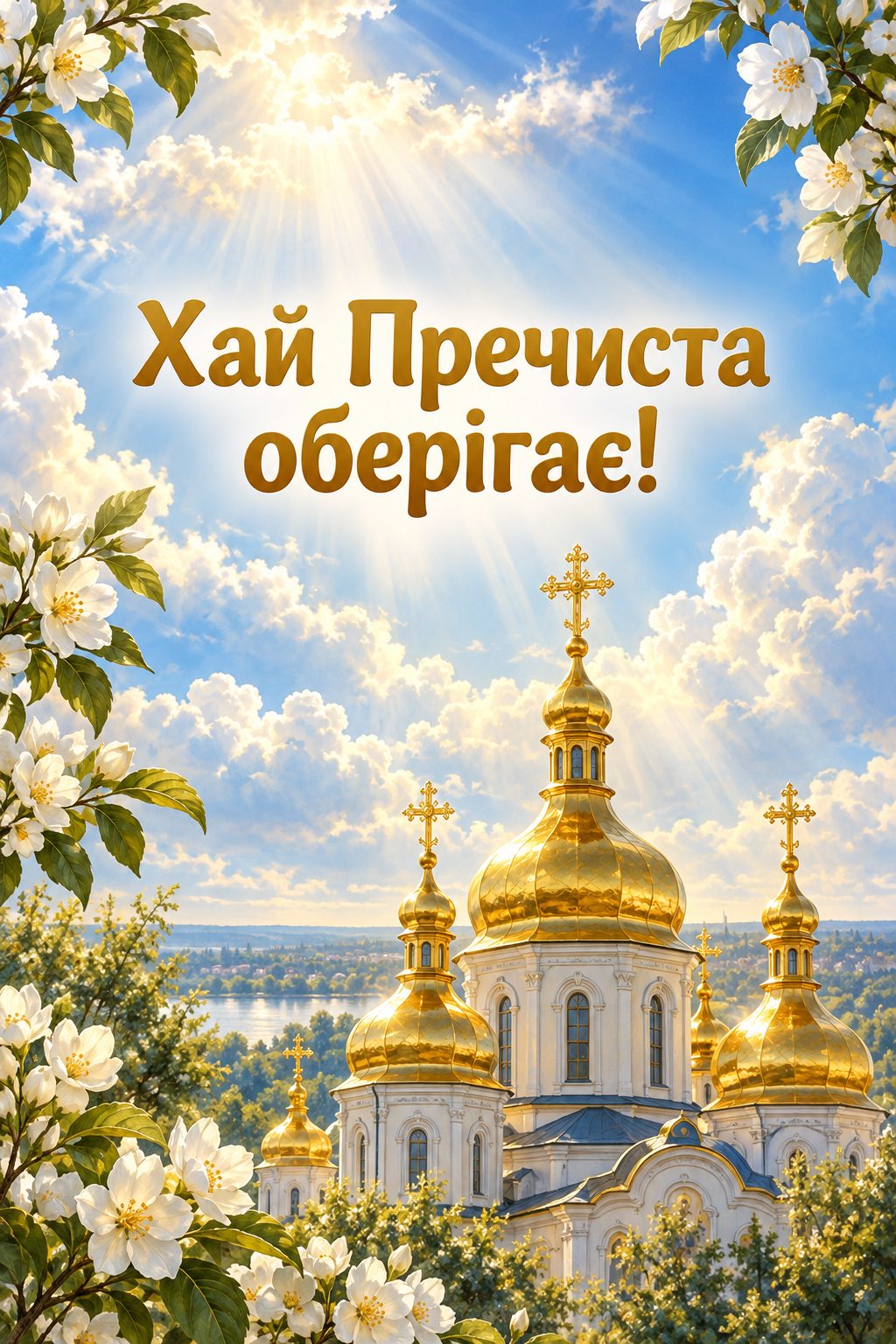 Листівка з Введенням у храм Пресвятої Богородиці: промені світла крізь хмари над золотими хрестами, напис «Хай Пречиста оберігає!»