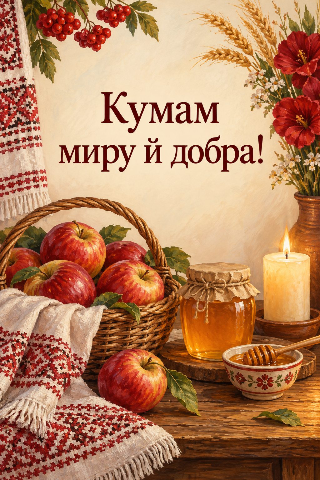 Листівка з Введенням у храм Пресвятої Богородиці: кошик яблук, слоїк меду й свічка, напис «Кумам миру й добра!»