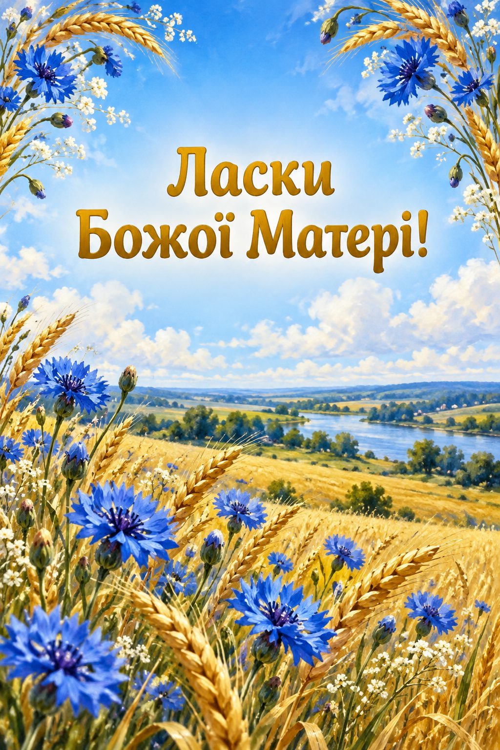 Листівка з Введенням у храм Пресвятої Богородиці: поле волошок і пшениці під ясним небом, напис «Ласки Божої Матері!»