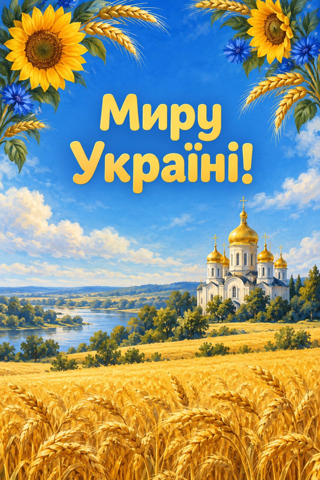 Листівка з Введенням у храм Пресвятої Богородиці: храм із золотими банями над пшеничним полем під синім небом, напис «Миру Україні!»