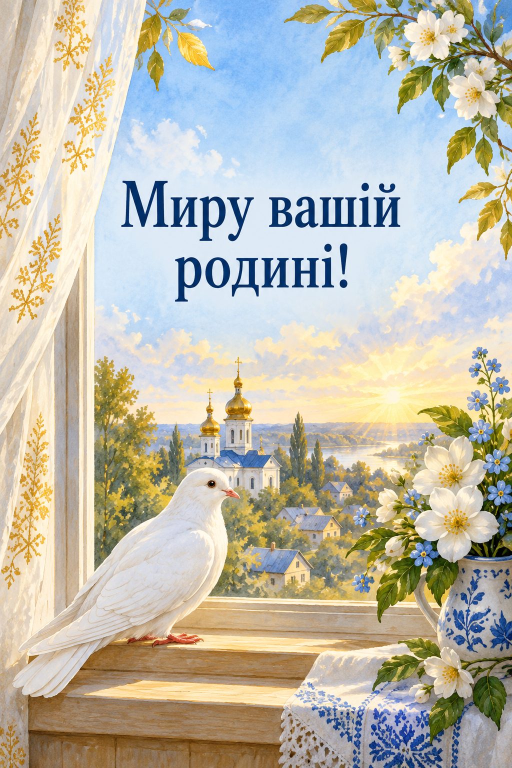 Листівка з Введенням у храм Пресвятої Богородиці: білий голуб на підвіконні, за вікном сільський храм, напис «Миру вашій родині!»
