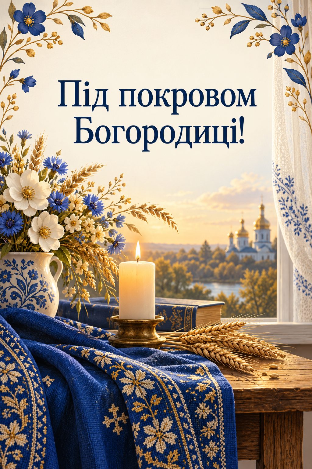 Листівка з Введенням у храм Пресвятої Богородиці: синій вишитий покров на столі, свічка й колоски, напис «Під покровом Богородиці!»