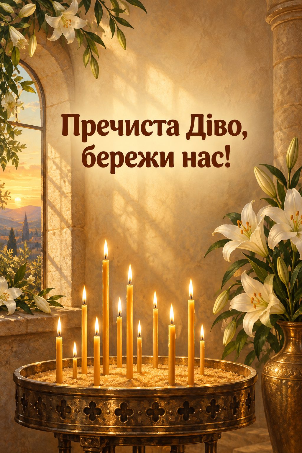 Листівка з Введенням у храм Пресвятої Богородиці: ряд тонких свічок у тихому храмі, напис «Пречиста Діво, бережи нас!»