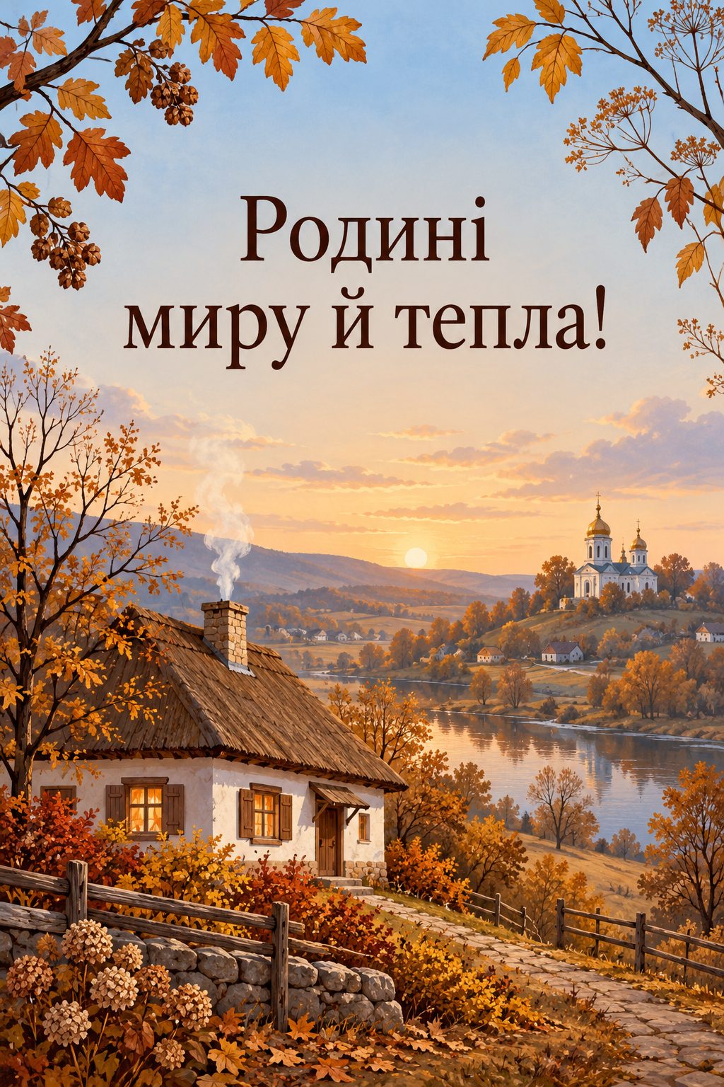 Листівка з Введенням у храм Пресвятої Богородиці: сільська хата з димом із комина й храм на пагорбі, напис «Родині миру й тепла!»