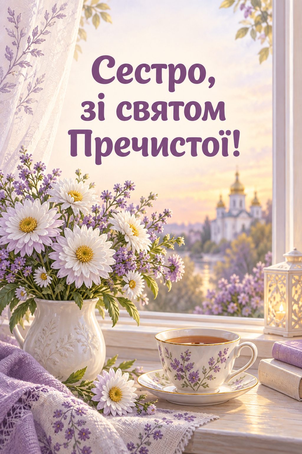 Листівка з Введенням у храм Пресвятої Богородиці: чашка чаю й букетик білих айстр біля вікна, напис «Сестро, зі святом Пречистої!»