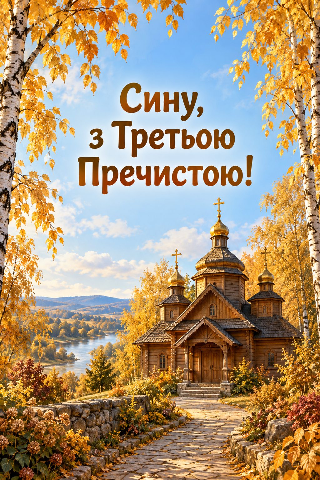 Листівка з Введенням у храм Пресвятої Богородиці: дерев'яна церква серед осінніх беріз, напис «Сину, з Третьою Пречистою!»