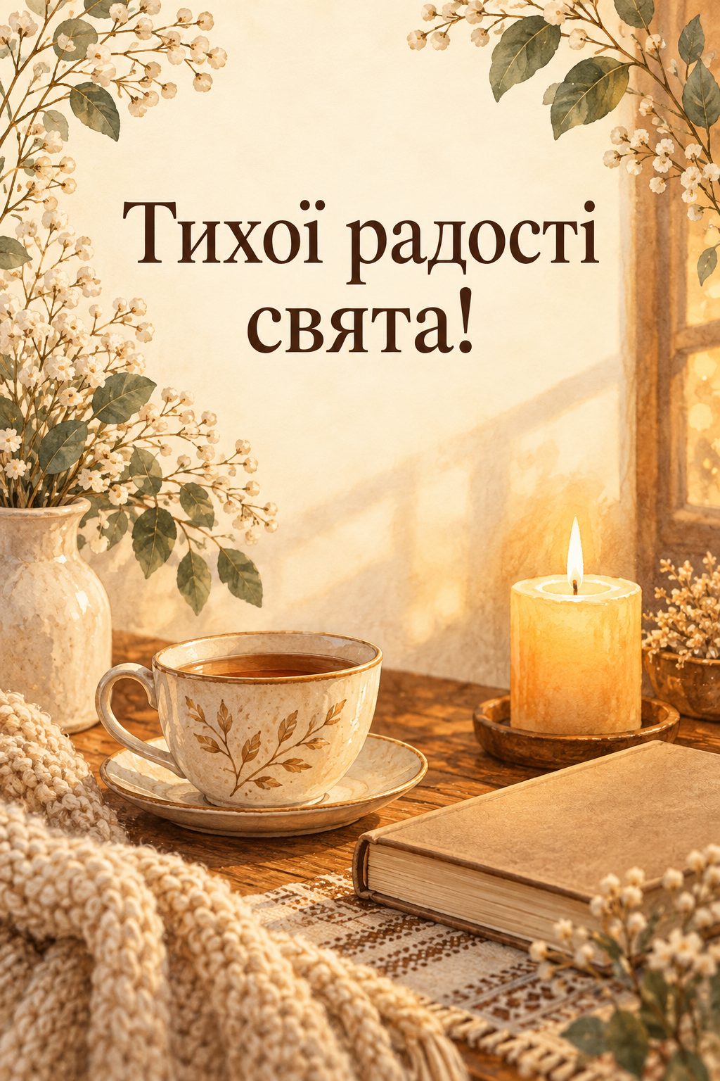 Листівка з Введенням у храм Пресвятої Богородиці: чашка чаю, книжка й свічка на столі, напис «Тихої радості свята!»