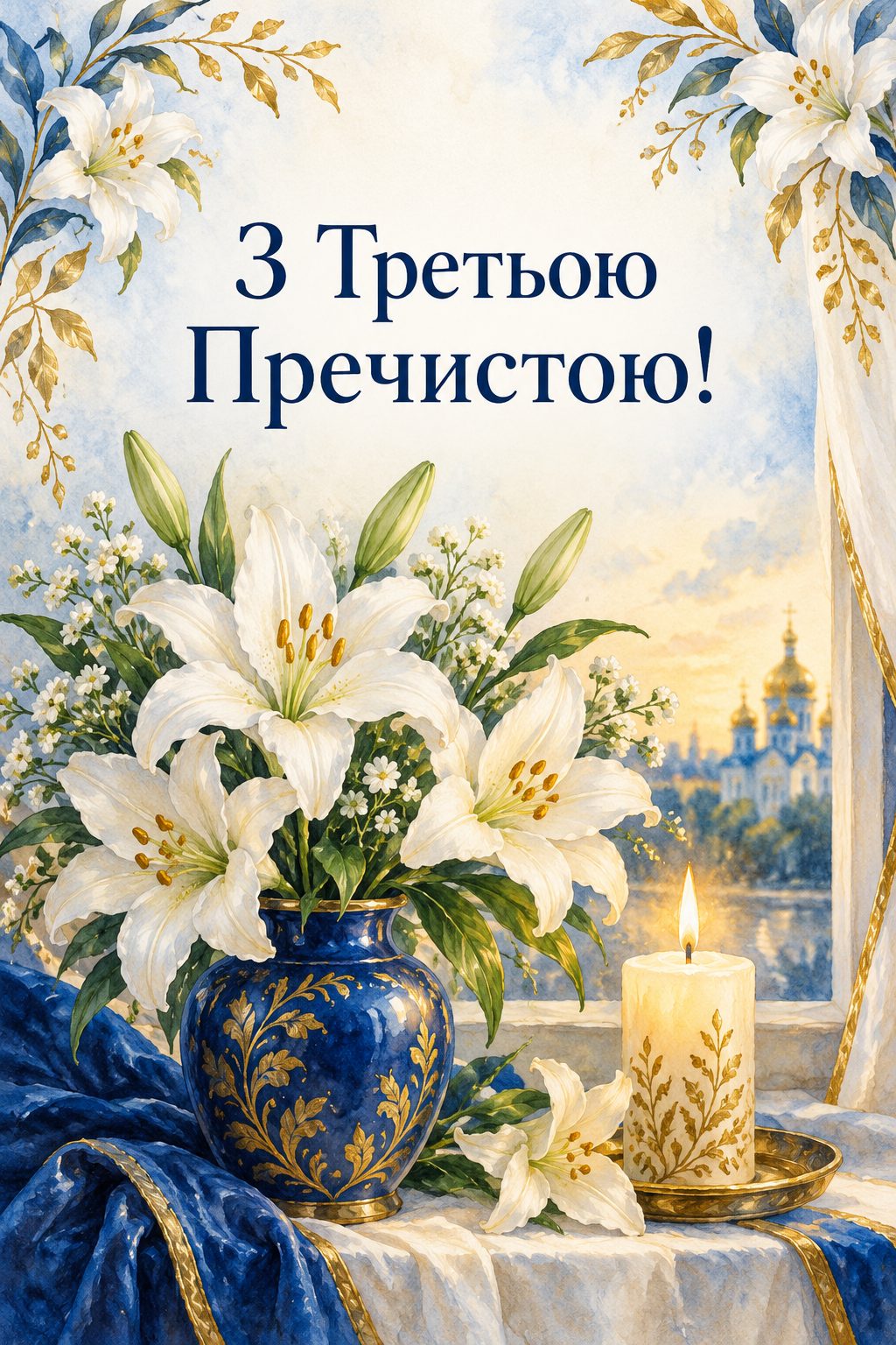 Листівка з Введенням у храм Пресвятої Богородиці: білі лілії в синій вазі й свічка, напис «З Третьою Пречистою!»