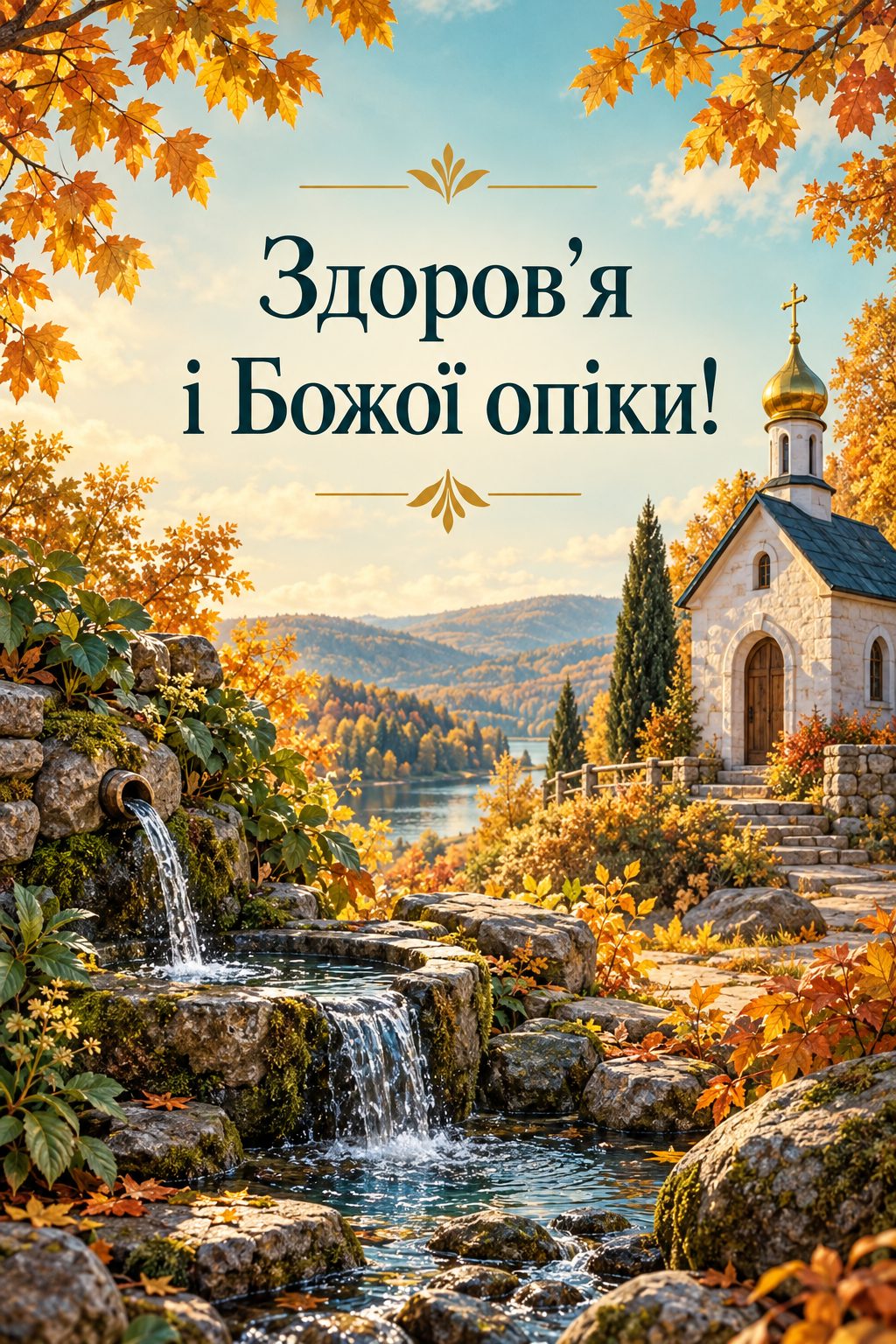 Листівка з Введенням у храм Пресвятої Богородиці: джерело біля каплички в осінньому лісі, напис «Здоров'я і Божої опіки!»