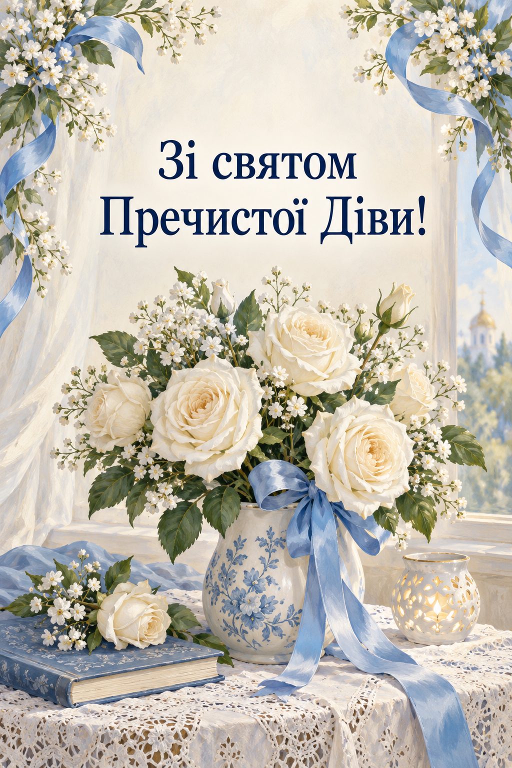 Листівка з Введенням у храм Пресвятої Богородиці: букет білих троянд із синіми стрічками на мереживній скатертині, напис «Зі святом Пречистої Діви!»