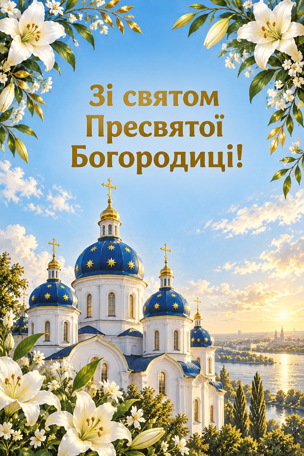 Листівка з Введенням у храм Пресвятої Богородиці: білий храм із синіми банями в золотих зірках, напис «Зі святом Пресвятої Богородиці!»