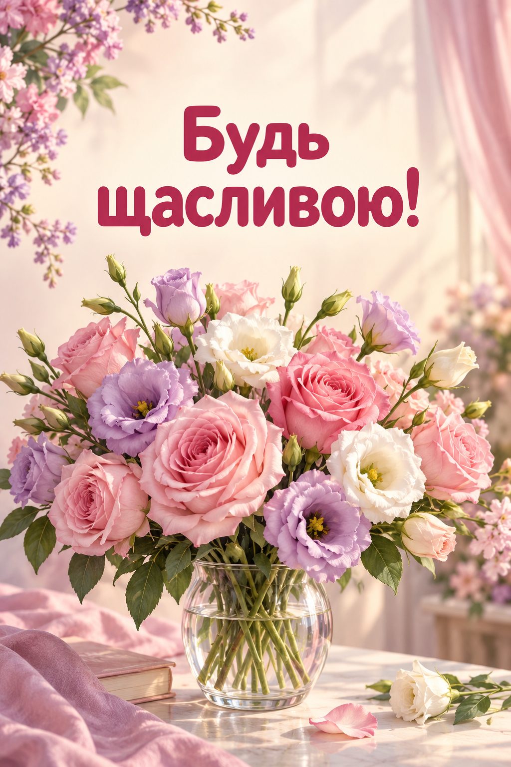 Листівка з 18-річчям: пишний букет троянд і еустоми у вазі, напис «Будь щасливою!»