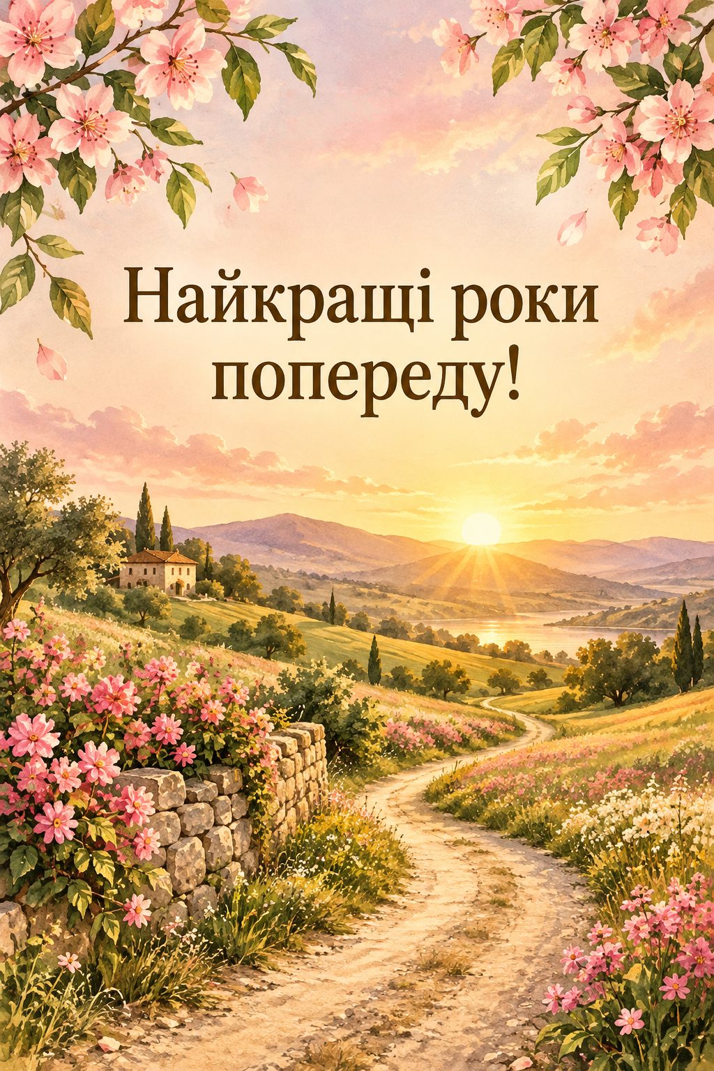 Листівка з 18-річчям: дорога через квітучі поля назустріч світанку, напис «Найкращі роки попереду!»