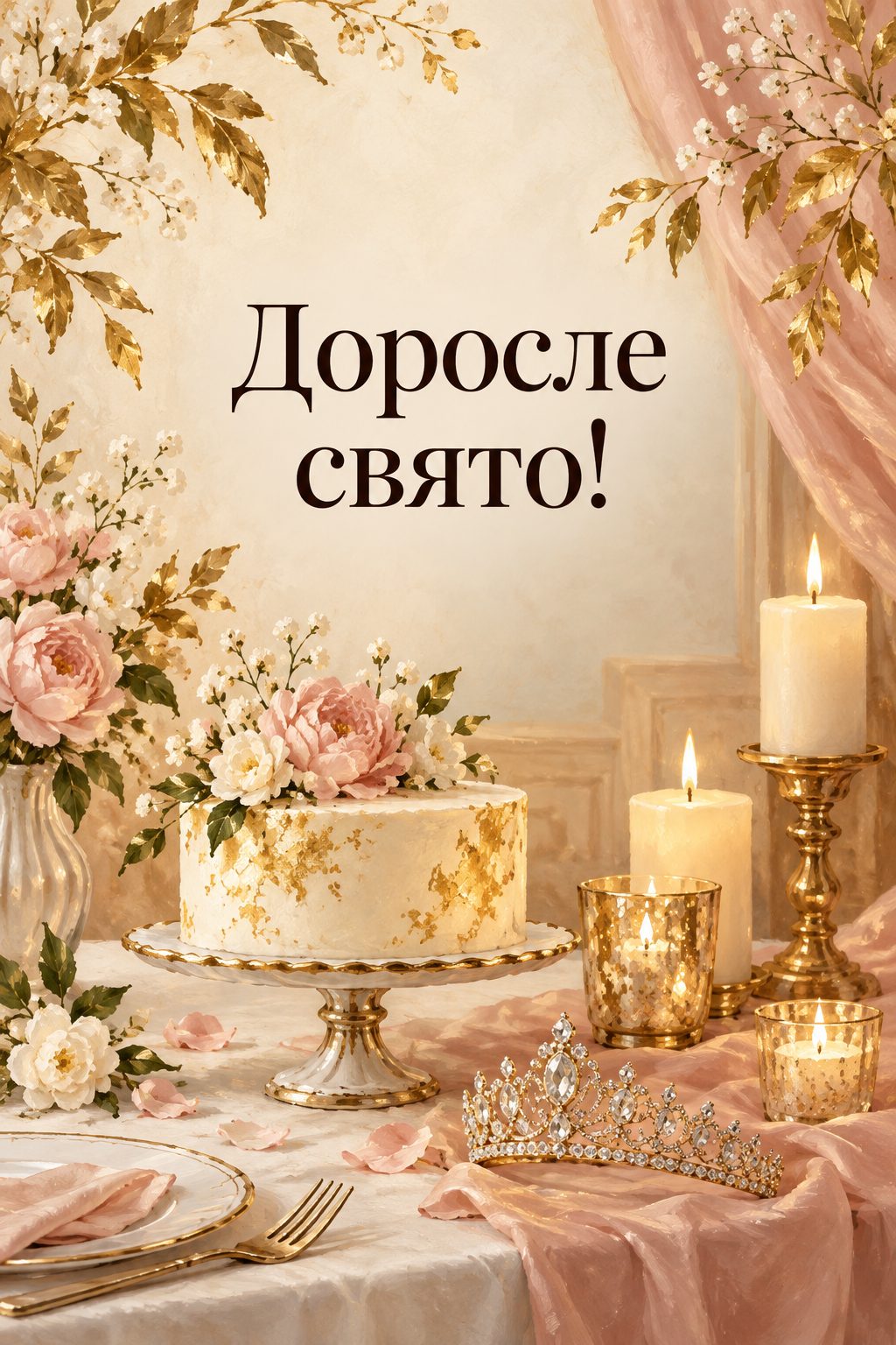Листівка з 18-річчям: святковий стіл зі свічками, тортиком і діадемою, напис «Доросле свято!»
