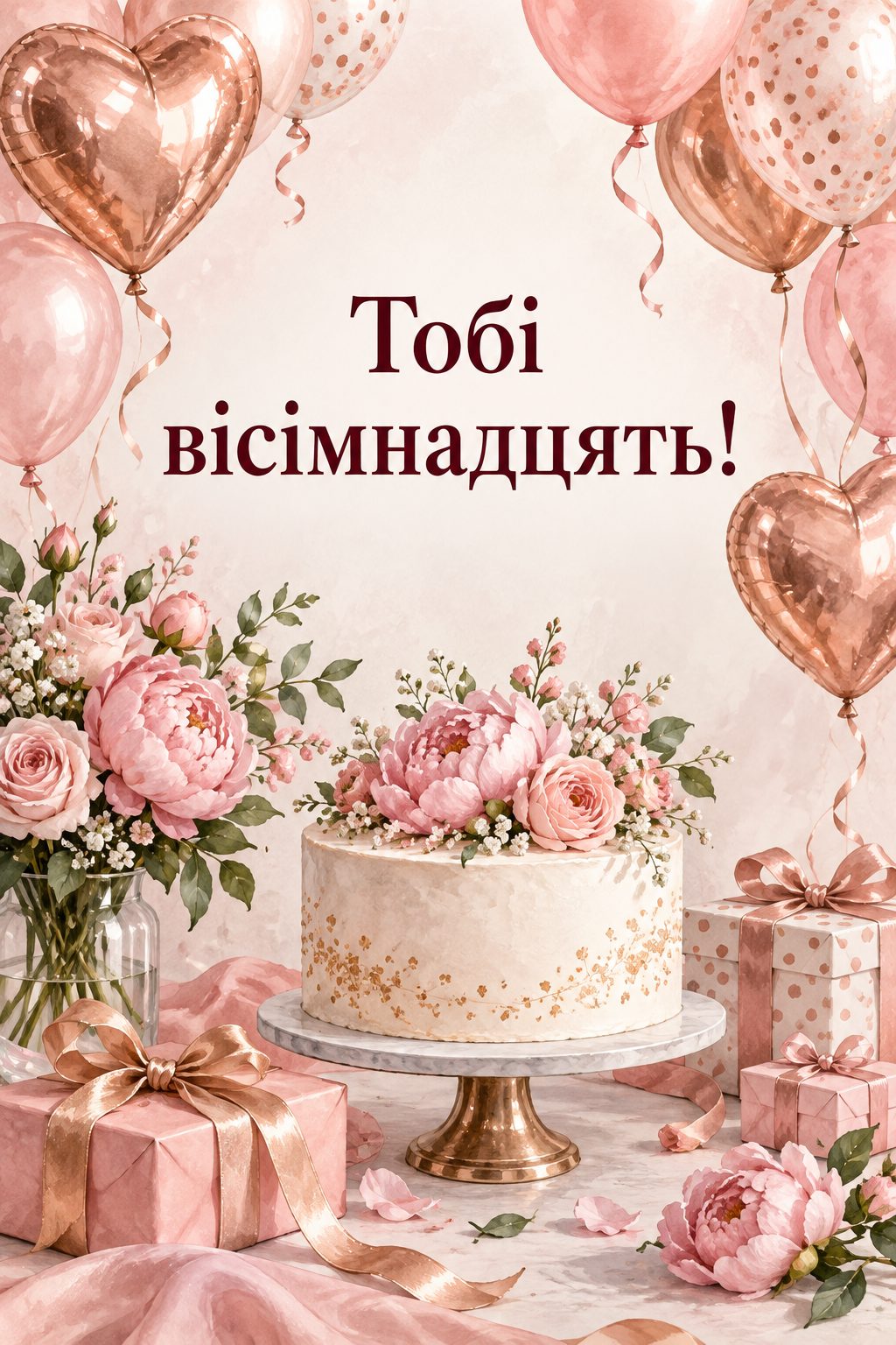 Листівка з 18-річчям: рожево-золоті кульки, білий торт і рожеві квіти, напис «Тобі вісімнадцять!»