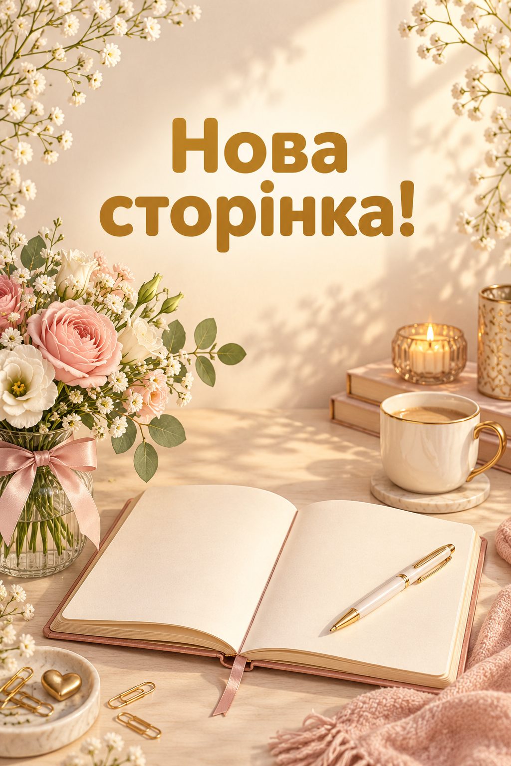 Листівка з 18-річчям: розгорнутий щоденник, ручка й букетик на столі, напис «Нова сторінка!»