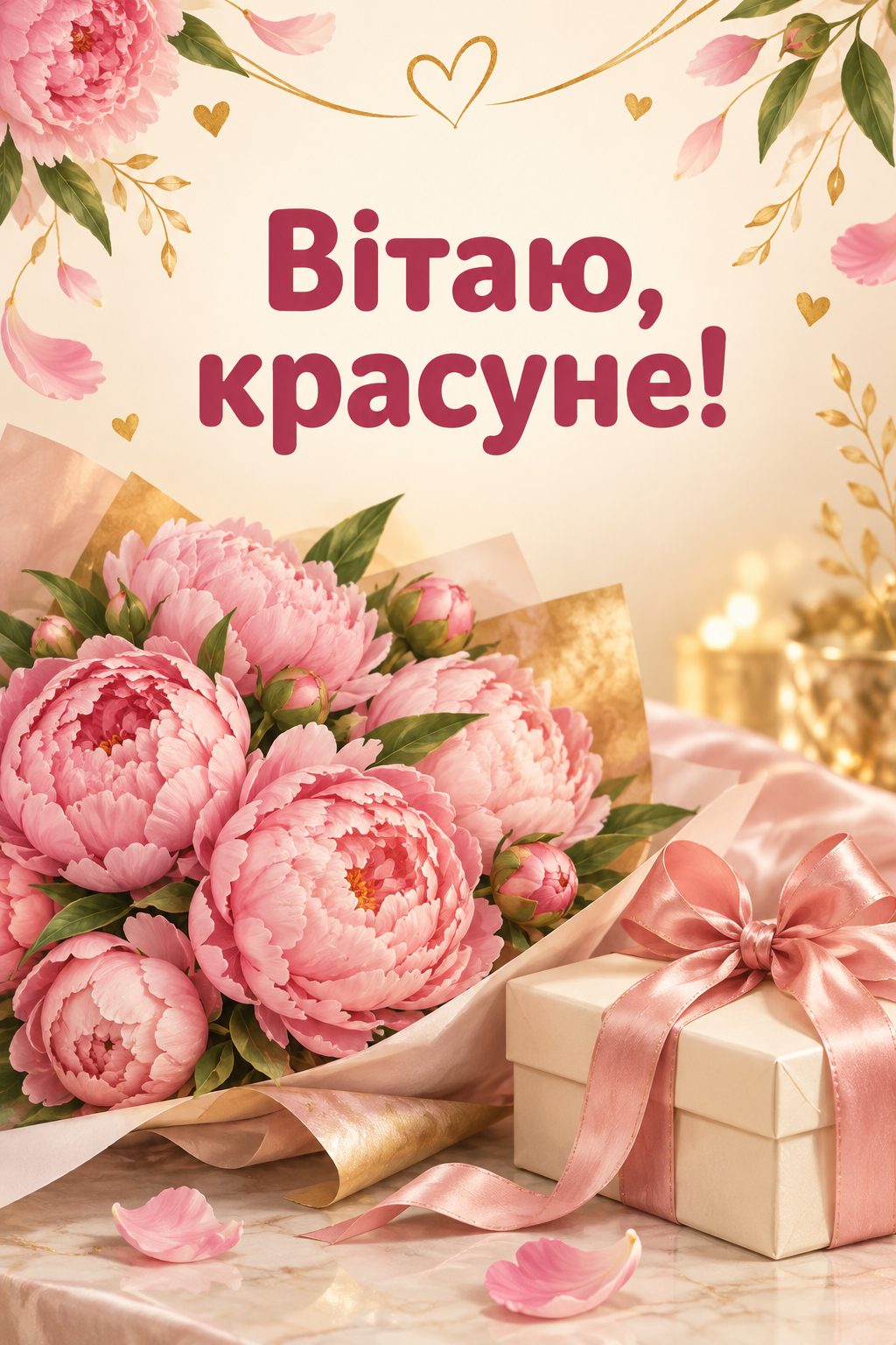 Листівка з 18-річчям: букет рожевих півоній і подарунок зі стрічкою, напис «Вітаю, красуне!»