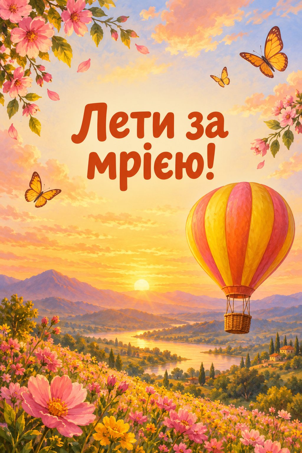 Листівка з 18-річчям: повітряна куля над квітучою долиною на світанку, напис «Лети за мрією!»