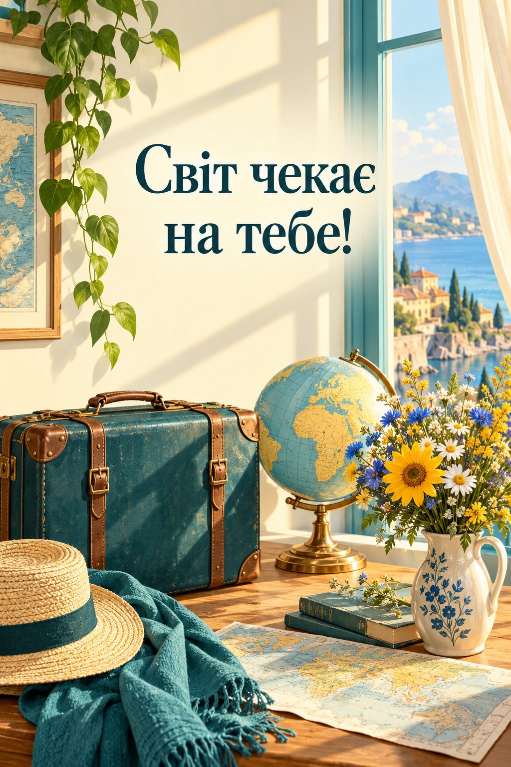 Листівка з 18-річчям: валіза, глобус і букет польових квітів біля вікна, напис «Світ чекає на тебе!»