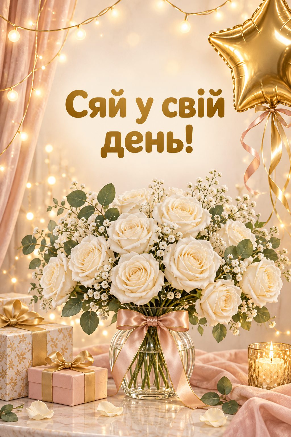 Листівка з 18-річчям: гірлянда вогників і золота кулька-зірка над білими трояндами, напис «Сяй у свій день!»