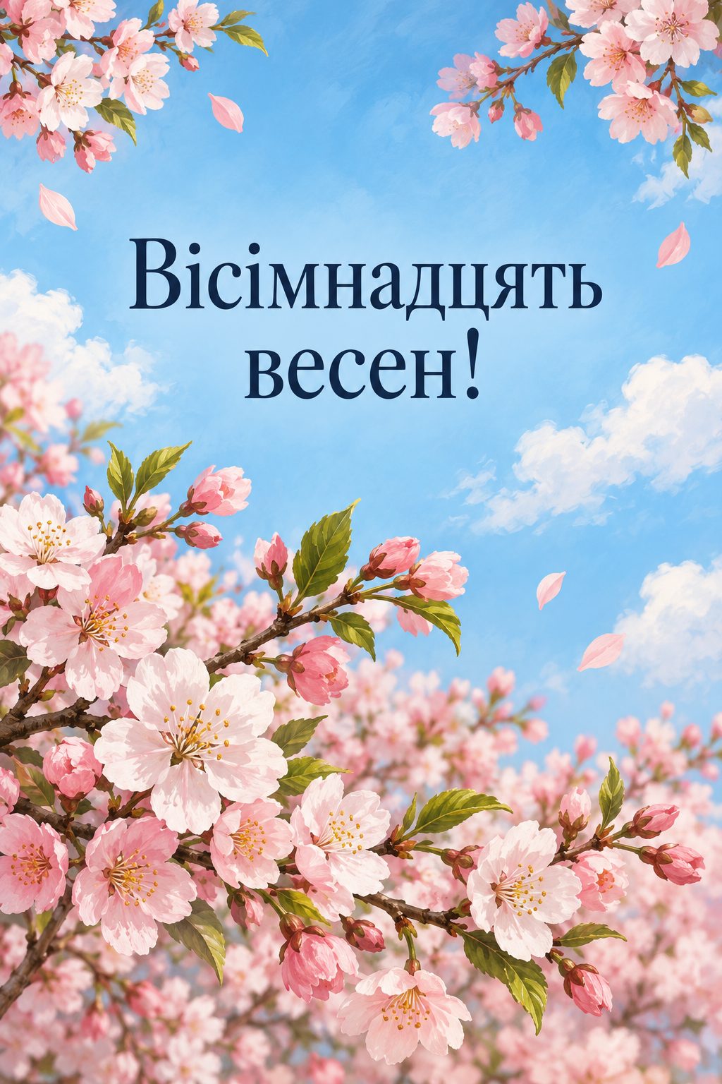 Листівка з 18-річчям: квітучі гілки вишні на тлі весняного неба, напис «Вісімнадцять весен!»