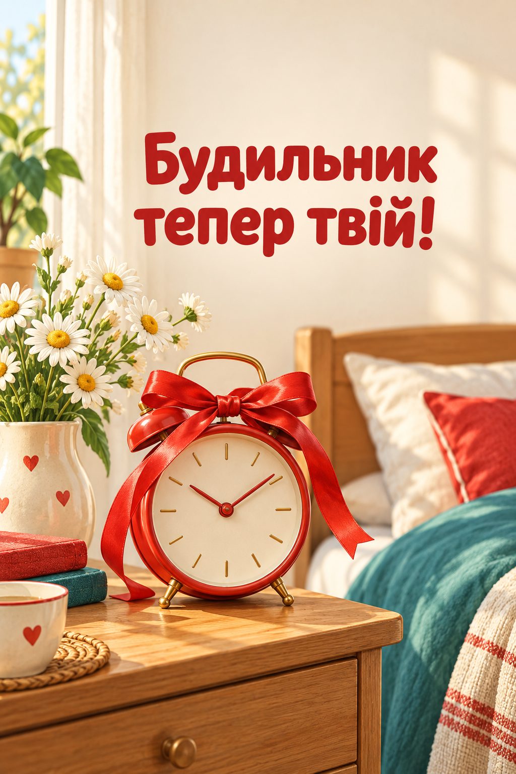 Листівка з 18-річчям: будильник із подарунковим бантом на тумбочці, напис «Будильник тепер твій!»